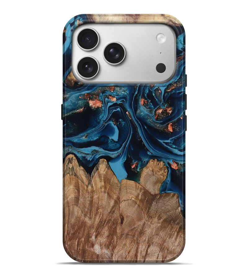 iPhone 17 Pro Max Wood Live Edge Phone Case - Hayley (Teal & Gold, 802432)