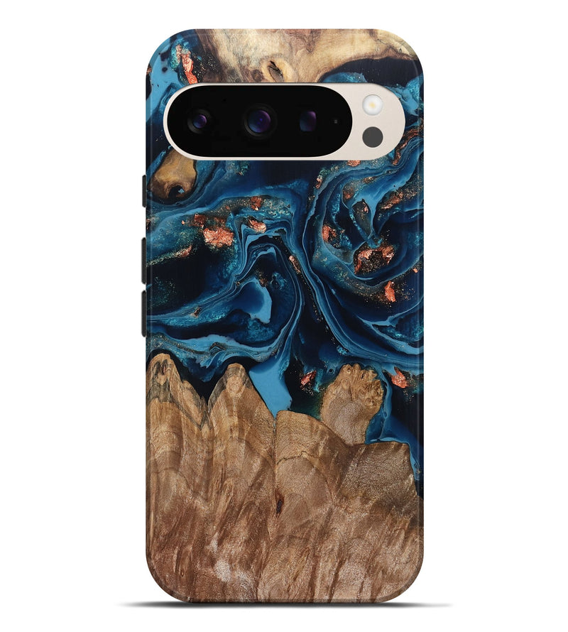 Pixel 9 Pro XL Wood Live Edge Phone Case - Hayley (Teal & Gold, 802432)