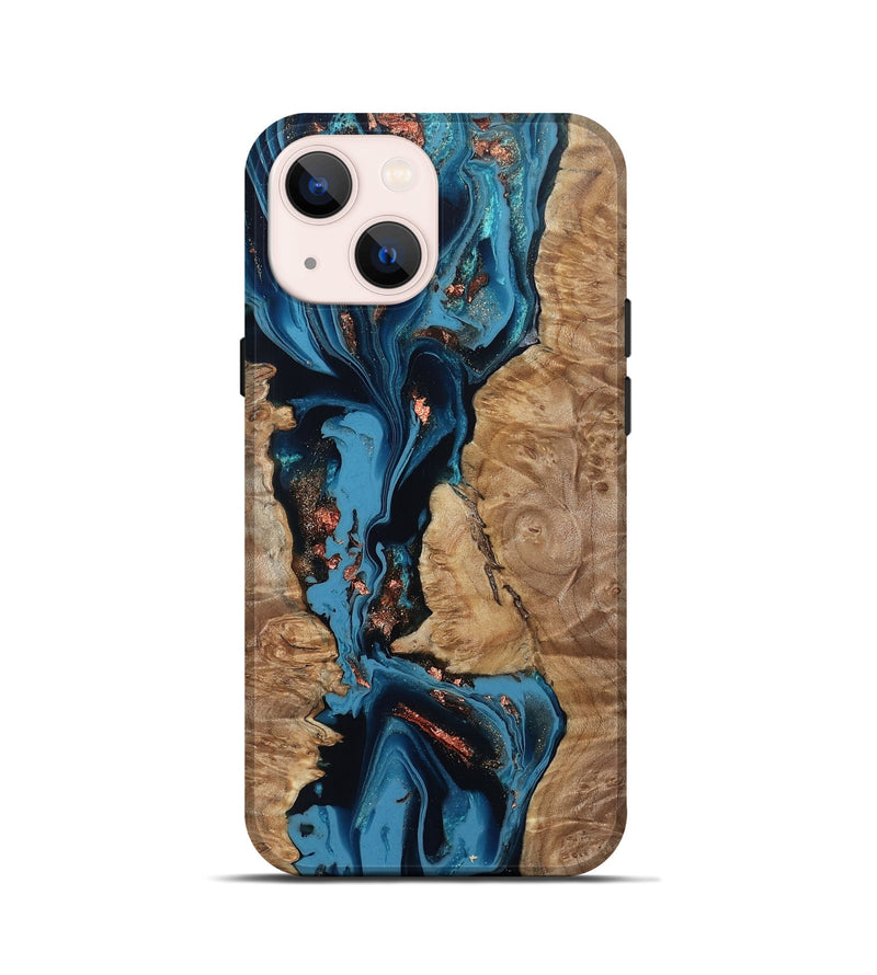 iPhone 13 mini Wood Live Edge Phone Case - Kaizen (Teal & Gold, 802433)