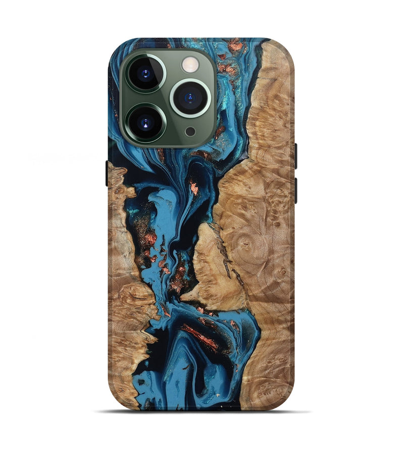 iPhone 13 Pro Wood Live Edge Phone Case - Kaizen (Teal & Gold, 802433)