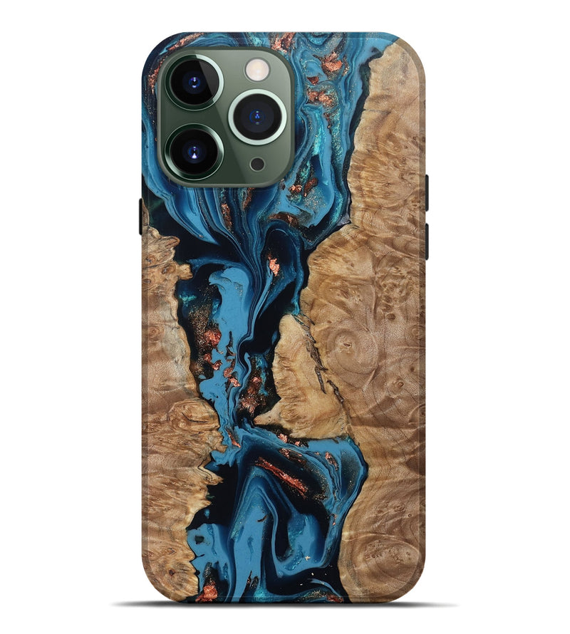 iPhone 13 Pro Max Wood Live Edge Phone Case - Kaizen (Teal & Gold, 802433)