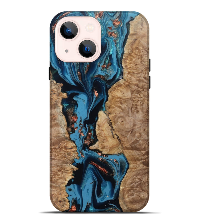 iPhone 14 Plus Wood Live Edge Phone Case - Kaizen (Teal & Gold, 802433)