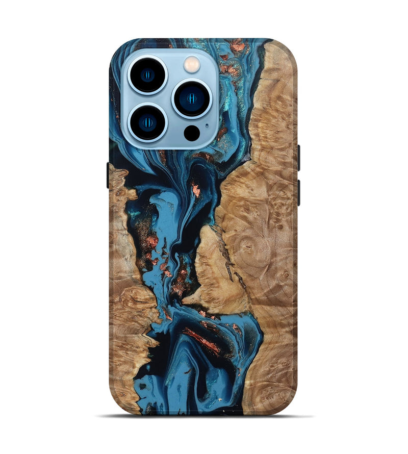 iPhone 14 Pro Wood Live Edge Phone Case - Kaizen (Teal & Gold, 802433)