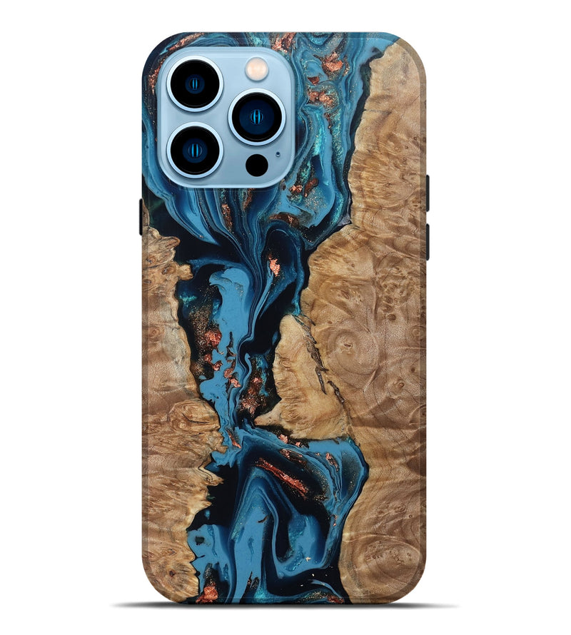 iPhone 14 Pro Max Wood Live Edge Phone Case - Kaizen (Teal & Gold, 802433)