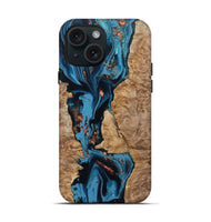 iPhone 15 Wood Live Edge Phone Case - Kaizen (Teal & Gold, 802433)