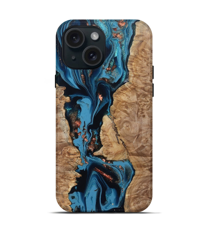 iPhone 15 Wood Live Edge Phone Case - Kaizen (Teal & Gold, 802433)