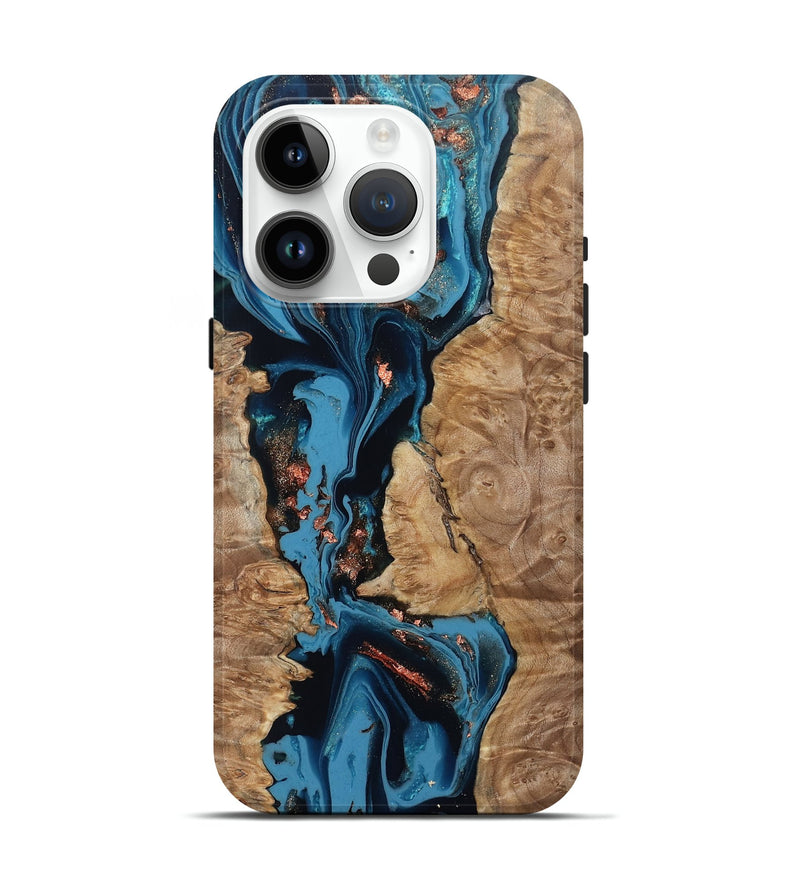 iPhone 15 Pro Wood Live Edge Phone Case - Kaizen (Teal & Gold, 802433)
