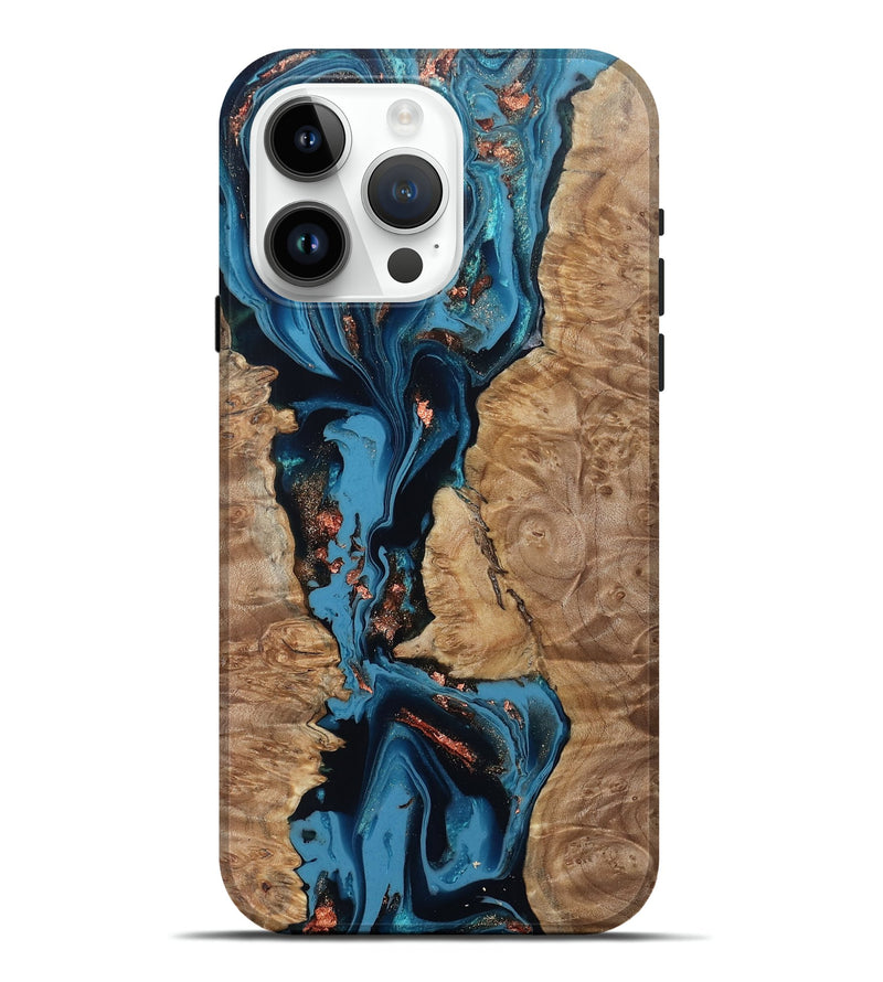 iPhone 15 Pro Max Wood Live Edge Phone Case - Kaizen (Teal & Gold, 802433)