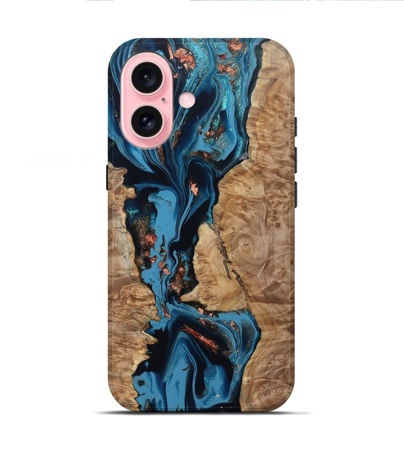 iPhone 16 Wood Live Edge Phone Case - Kaizen (Teal & Gold, 802433)