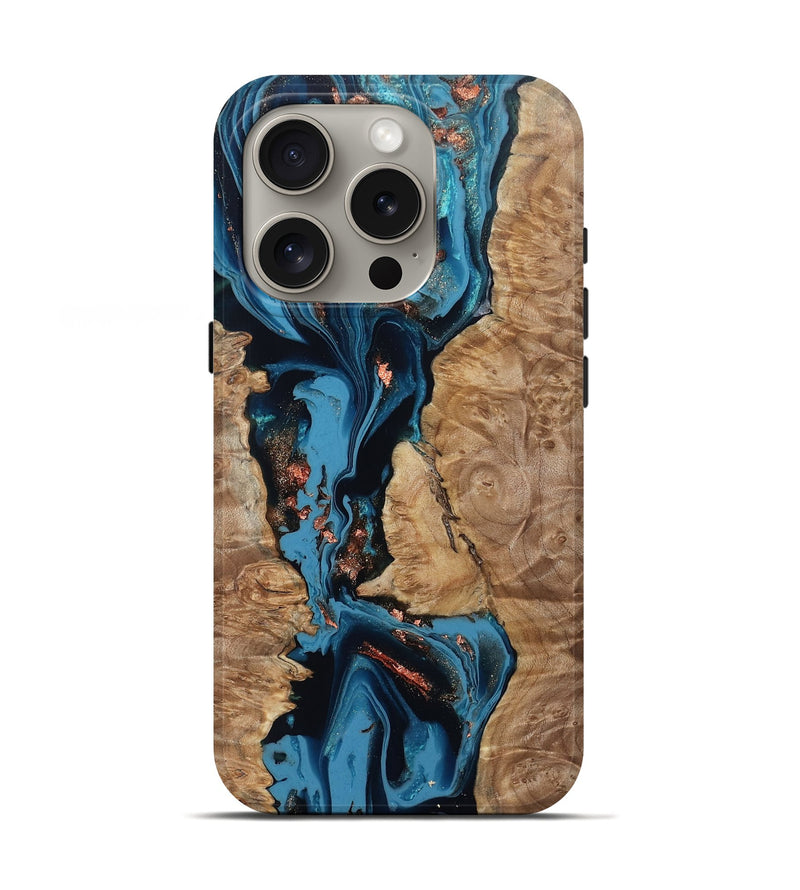 iPhone 16 Pro Wood Live Edge Phone Case - Kaizen (Teal & Gold, 802433)