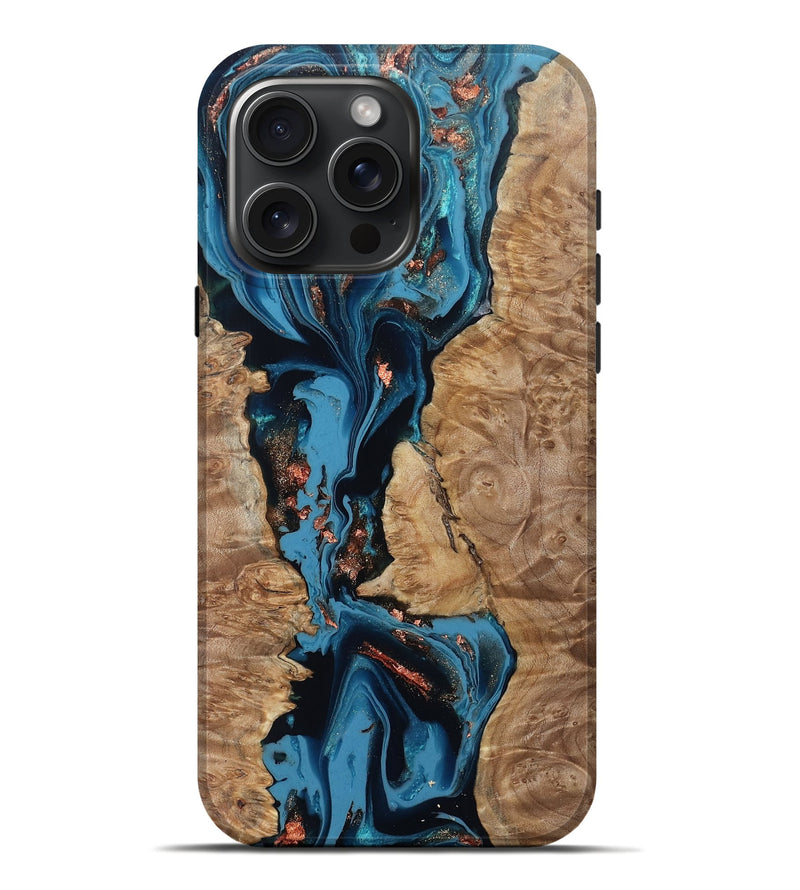 iPhone 16 Pro Max Wood Live Edge Phone Case - Kaizen (Teal & Gold, 802433)
