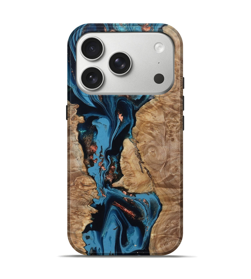 iPhone 17 Pro Wood Live Edge Phone Case - Kaizen (Teal & Gold, 802433)