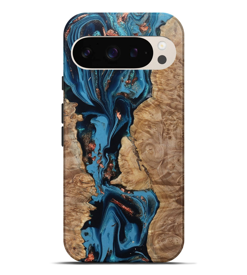 Pixel 9 Pro XL Wood Live Edge Phone Case - Kaizen (Teal & Gold, 802433)