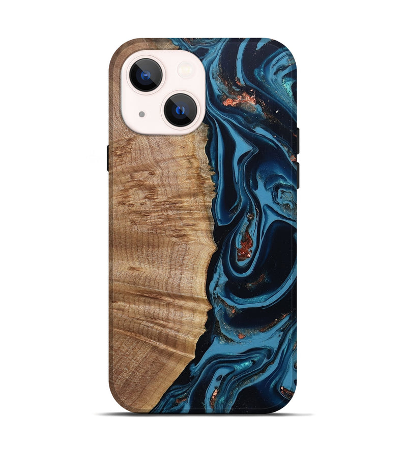iPhone 14 Wood Live Edge Phone Case - Cletus (Teal & Gold, 802434)