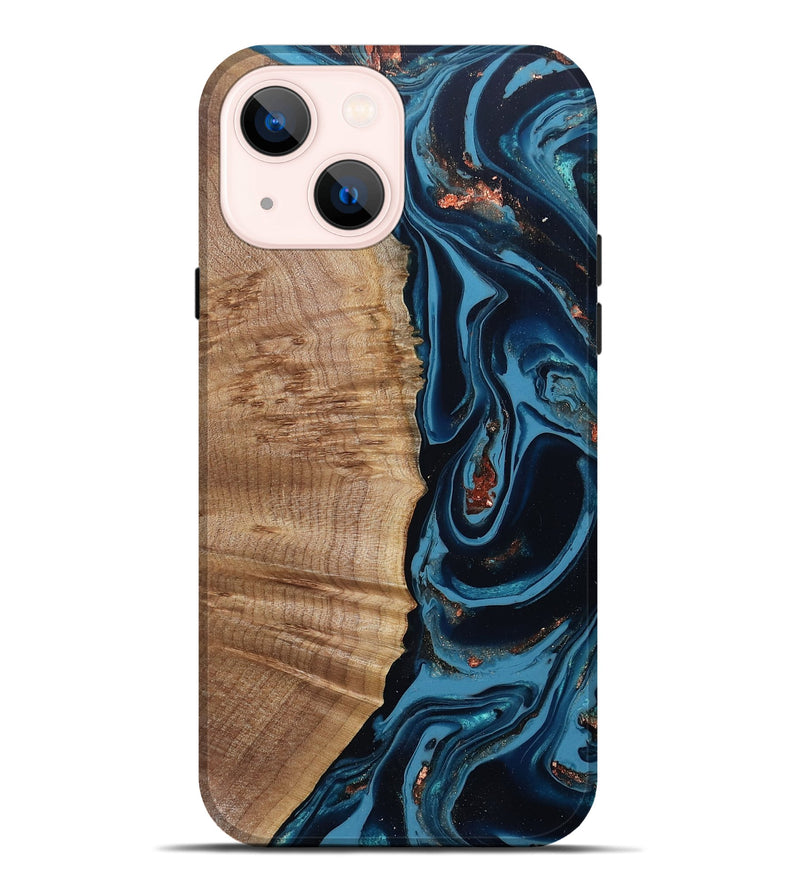 iPhone 14 Plus Wood Live Edge Phone Case - Cletus (Teal & Gold, 802434)