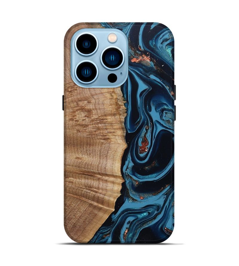 iPhone 14 Pro Wood Live Edge Phone Case - Cletus (Teal & Gold, 802434)