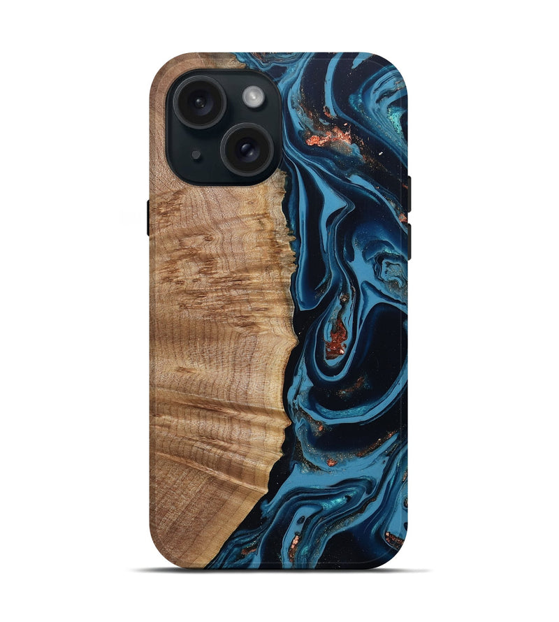 iPhone 15 Wood Live Edge Phone Case - Cletus (Teal & Gold, 802434)