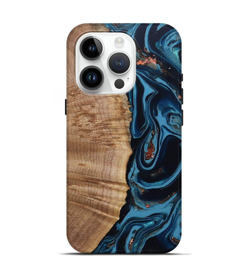 iPhone 15 Pro Wood Live Edge Phone Case - Cletus (Teal & Gold, 802434)