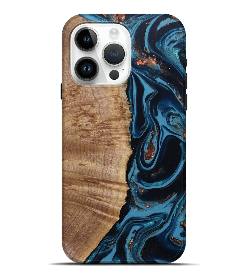 iPhone 15 Pro Max Wood Live Edge Phone Case - Cletus (Teal & Gold, 802434)
