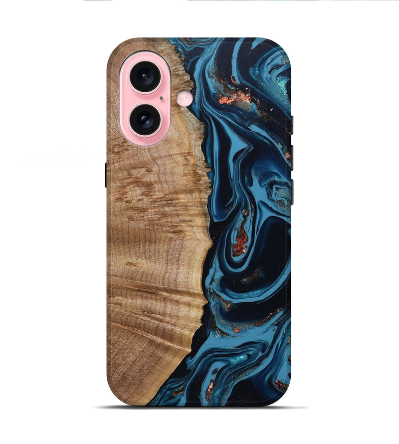 iPhone 16 Wood Live Edge Phone Case - Cletus (Teal & Gold, 802434)