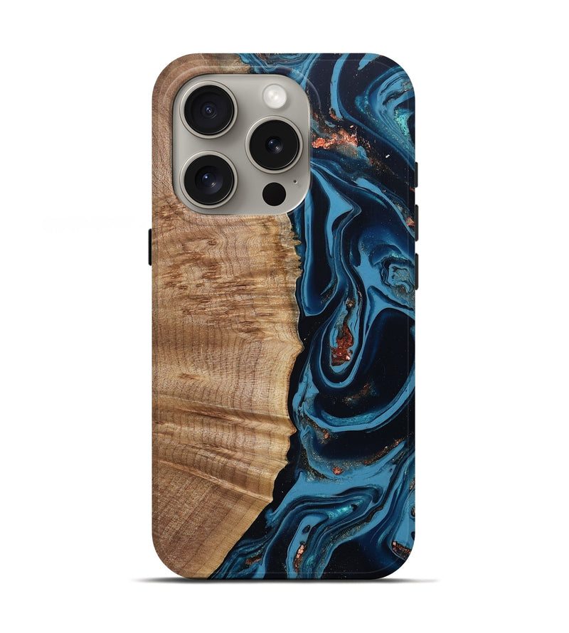 iPhone 16 Pro Wood Live Edge Phone Case - Cletus (Teal & Gold, 802434)