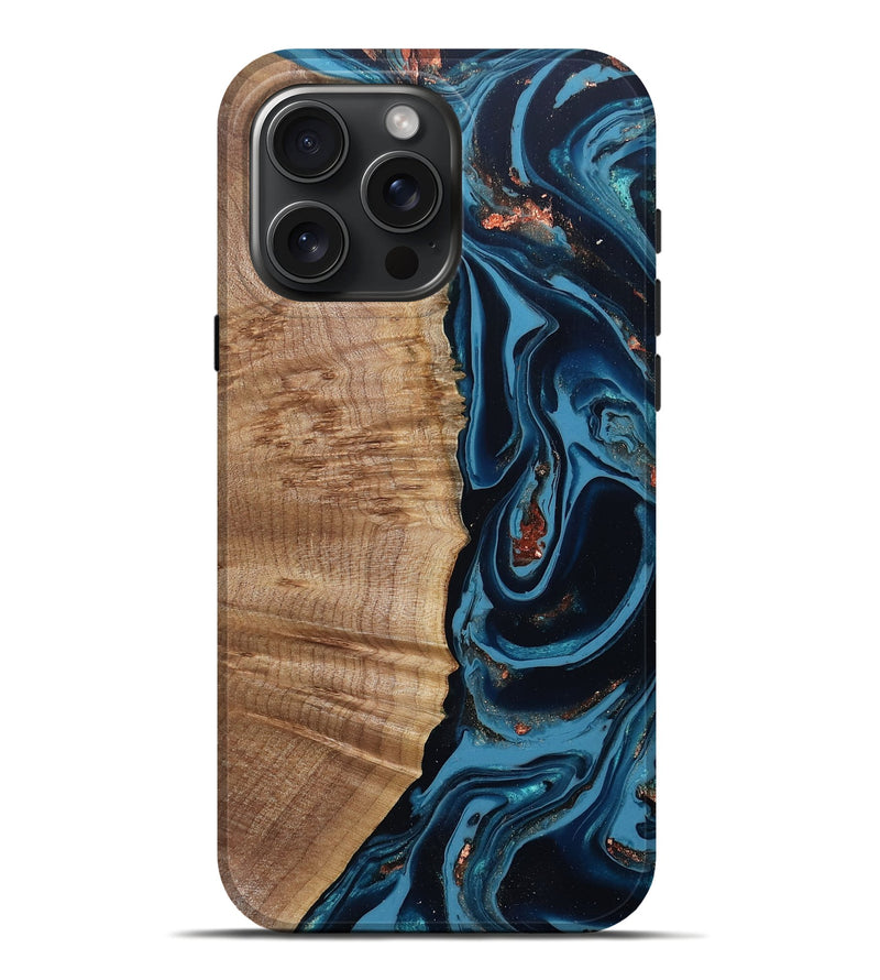 iPhone 16 Pro Max Wood Live Edge Phone Case - Cletus (Teal & Gold, 802434)