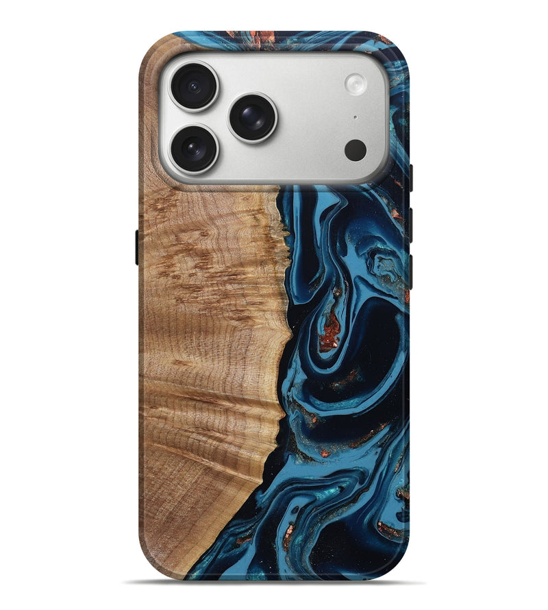 iPhone 17 Pro Max Wood Live Edge Phone Case - Cletus (Teal & Gold, 802434)