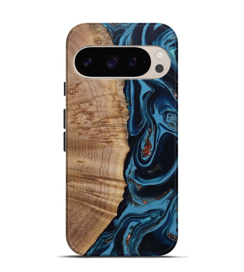 Pixel 9 Wood Live Edge Phone Case - Cletus (Teal & Gold, 802434)