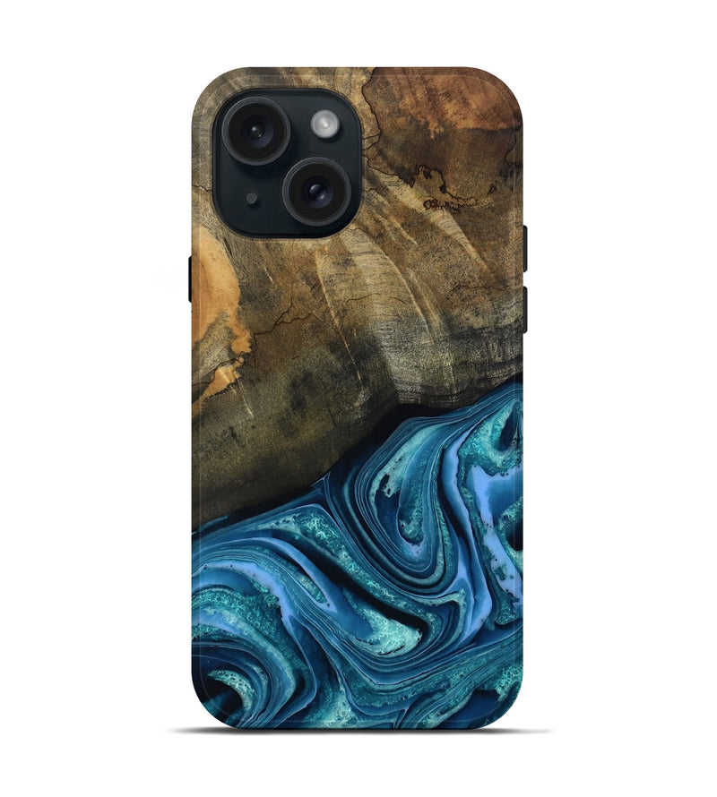 iPhone 15 Wood Live Edge Phone Case - Moshe (Blue, 802438)