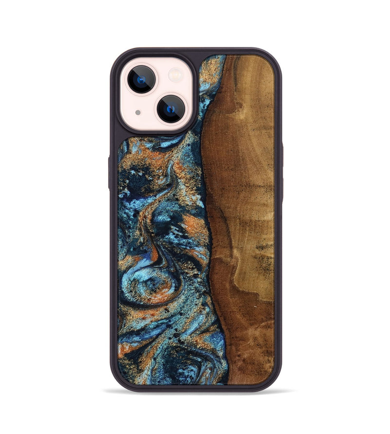 iPhone 14 Wood Phone Case - Abagail (Teal & Gold, 802449)