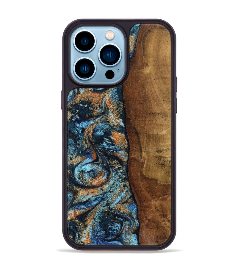 iPhone 14 Pro Max Wood Phone Case - Abagail (Teal & Gold, 802449)