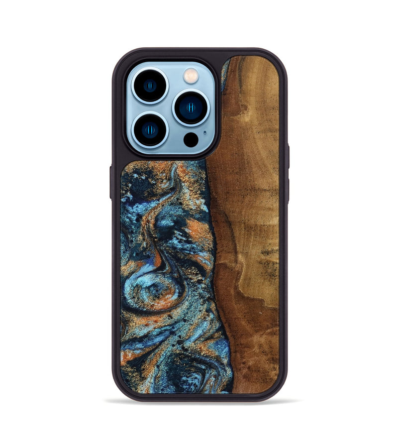 iPhone 14 Pro Wood Phone Case - Abagail (Teal & Gold, 802449)