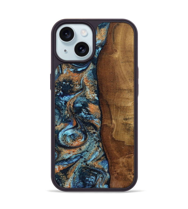 iPhone 15 Wood Phone Case - Abagail (Teal & Gold, 802449)