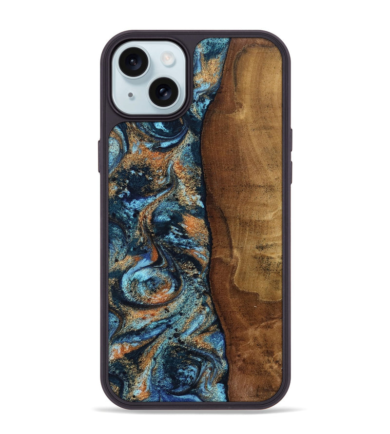 iPhone 15 Plus Wood Phone Case - Abagail (Teal & Gold, 802449)