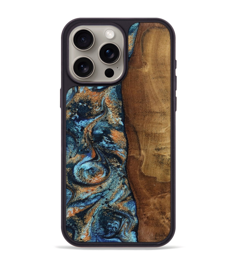 iPhone 15 Pro Max Wood Phone Case - Abagail (Teal & Gold, 802449)
