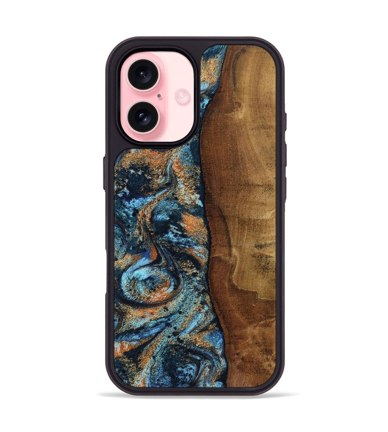 iPhone 16 Wood Phone Case - Abagail (Teal & Gold, 802449)
