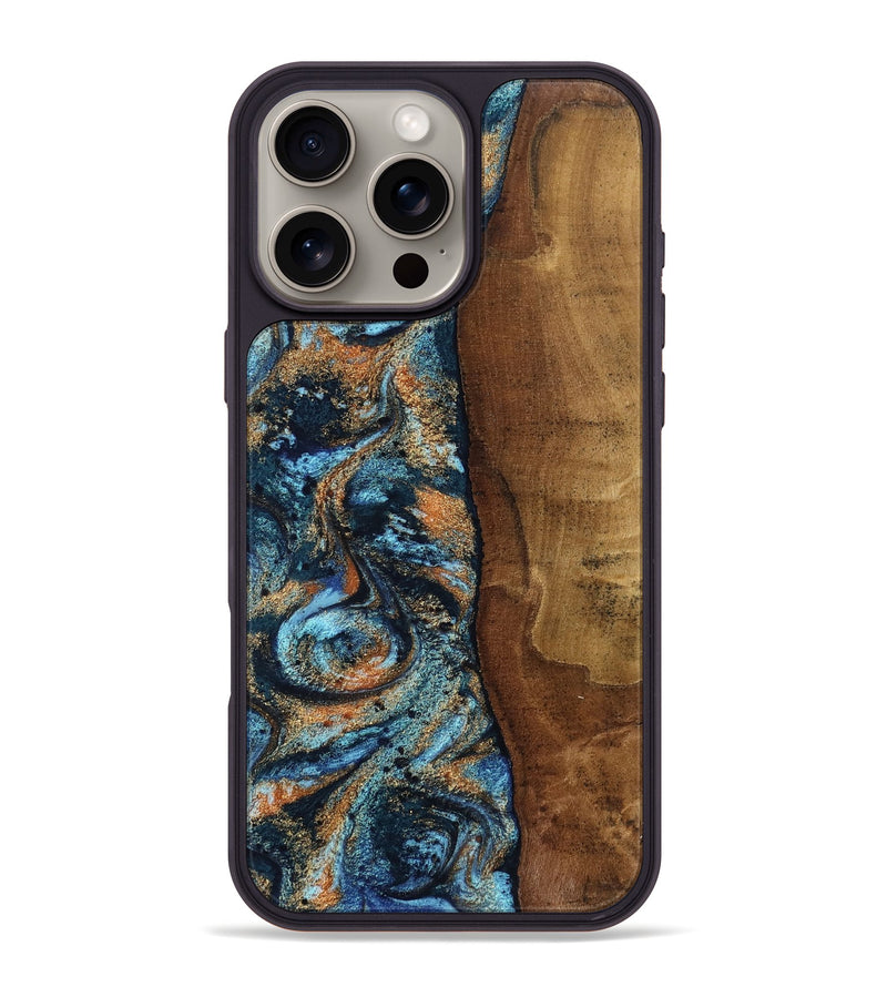 iPhone 16 Pro Max Wood Phone Case - Abagail (Teal & Gold, 802449)