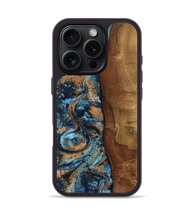 iPhone 16 Pro Wood Phone Case - Abagail (Teal & Gold, 802449)