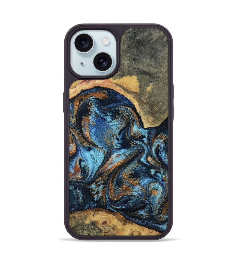 iPhone 15 Wood Phone Case - Kevin (Teal & Gold, 802454)