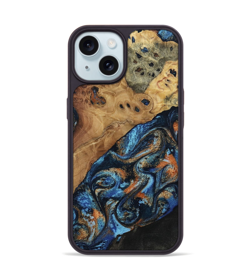 iPhone 15 Wood Phone Case - Kanye (Teal & Gold, 802455)
