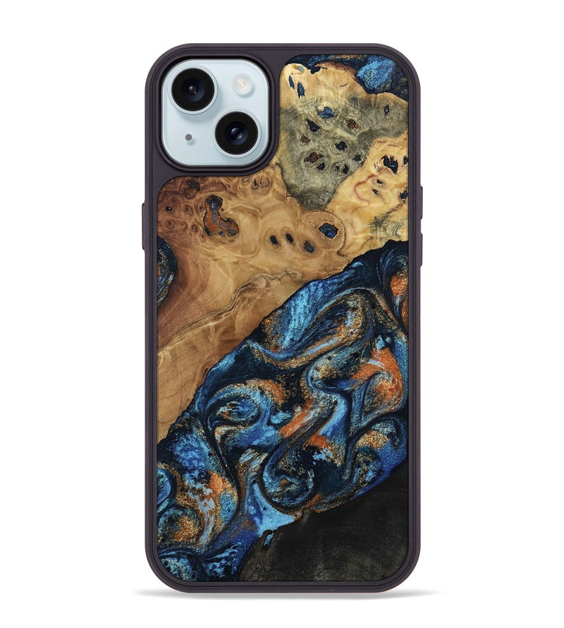 iPhone 15 Plus Wood Phone Case - Kanye (Teal & Gold, 802455)