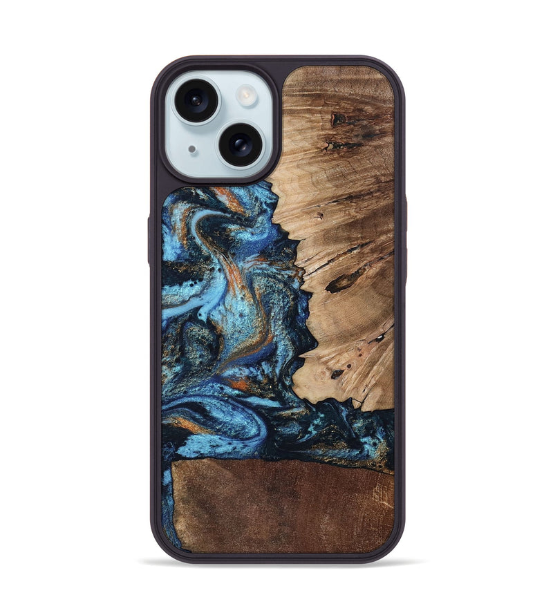 iPhone 15 Wood Phone Case - Stacy (Teal & Gold, 802458)