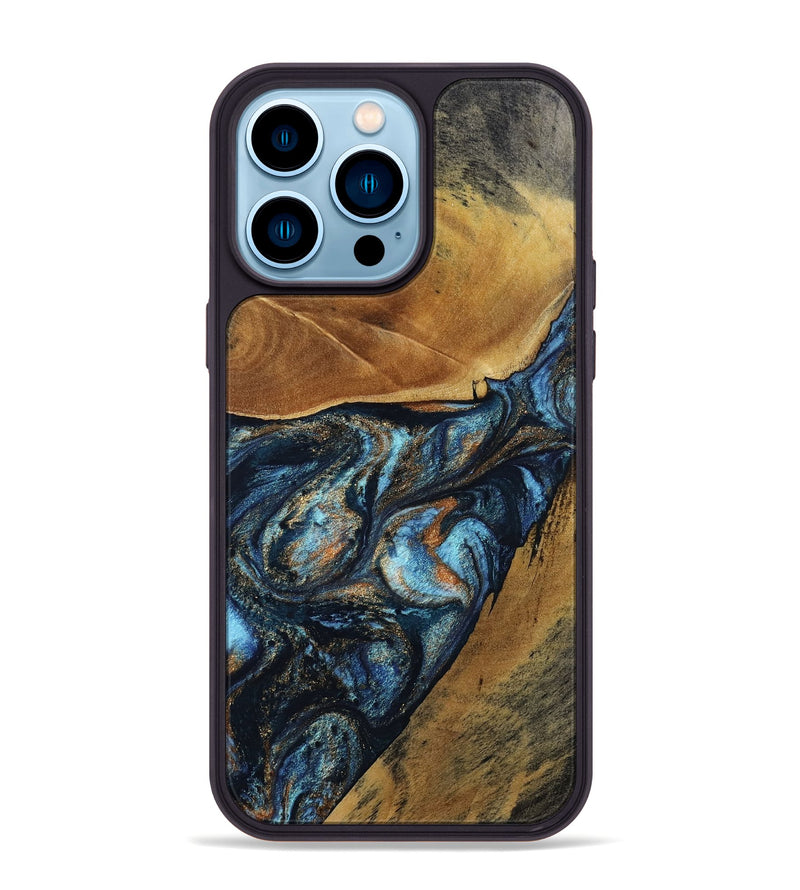 iPhone 14 Pro Max Wood Phone Case - Bonny (Teal & Gold, 802459)