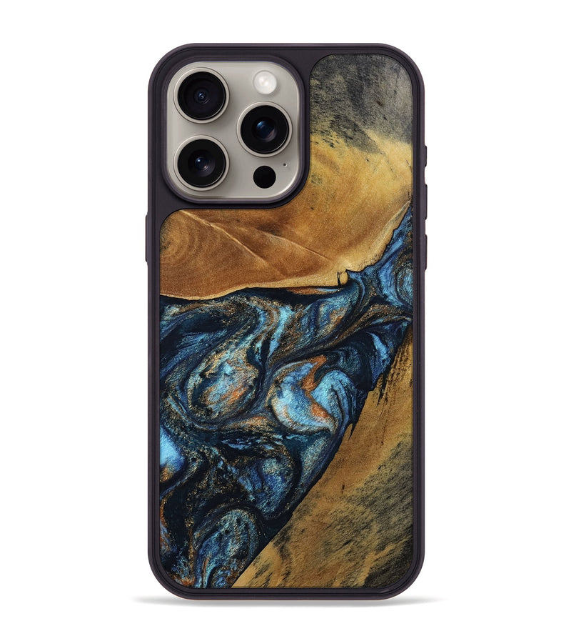 iPhone 15 Pro Max Wood Phone Case - Bonny (Teal & Gold, 802459)