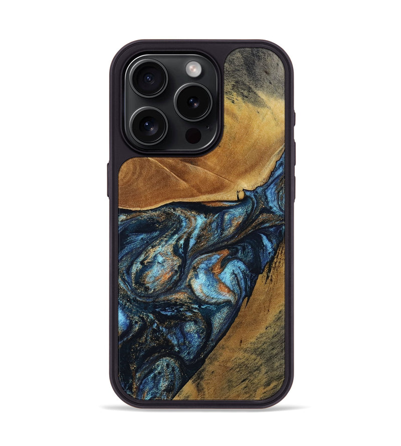 iPhone 15 Pro Wood Phone Case - Bonny (Teal & Gold, 802459)