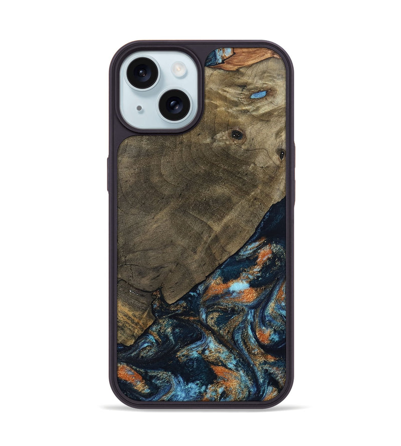 iPhone 15 Wood Phone Case - Daron (Teal & Gold, 802461)