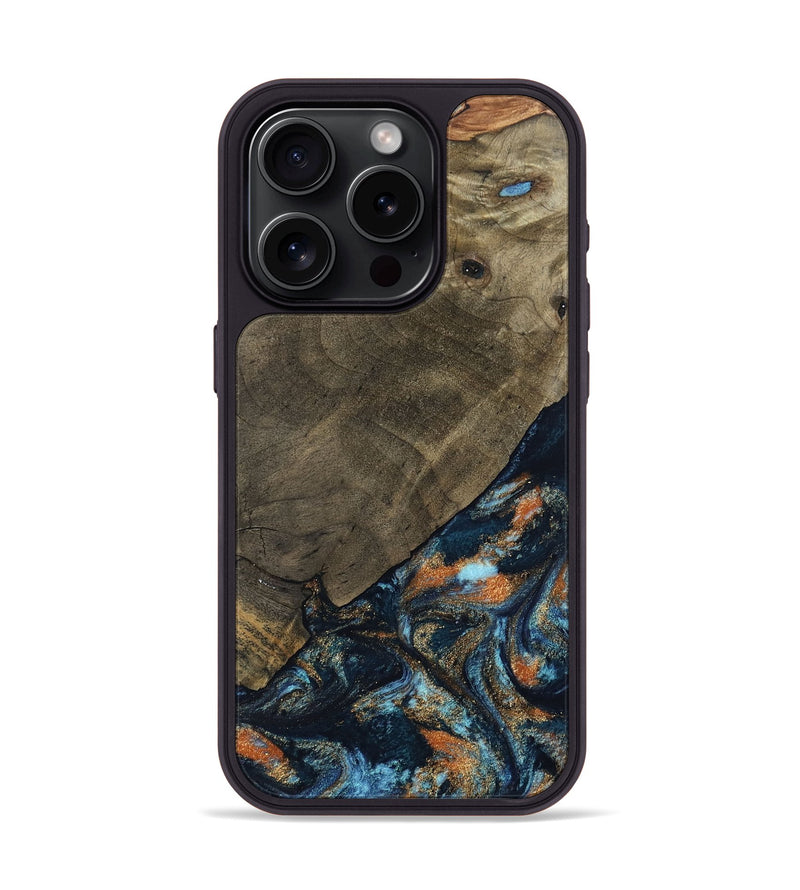 iPhone 15 Pro Wood Phone Case - Daron (Teal & Gold, 802461)