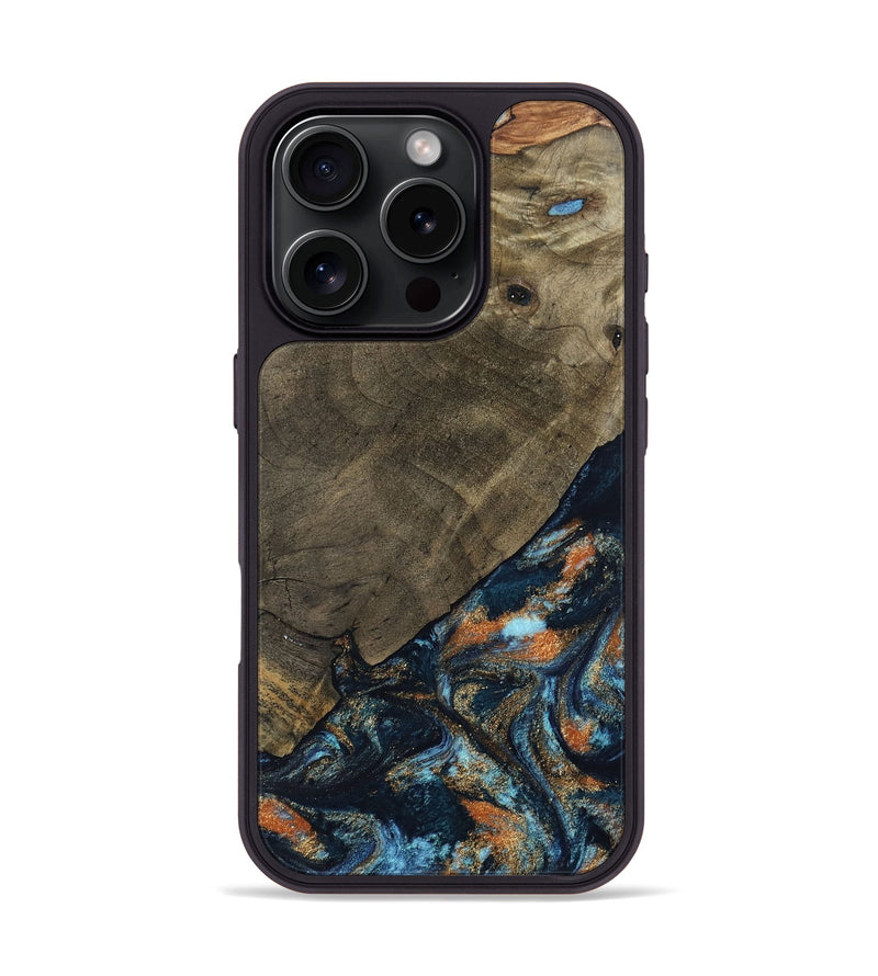 iPhone 16 Pro Wood Phone Case - Daron (Teal & Gold, 802461)