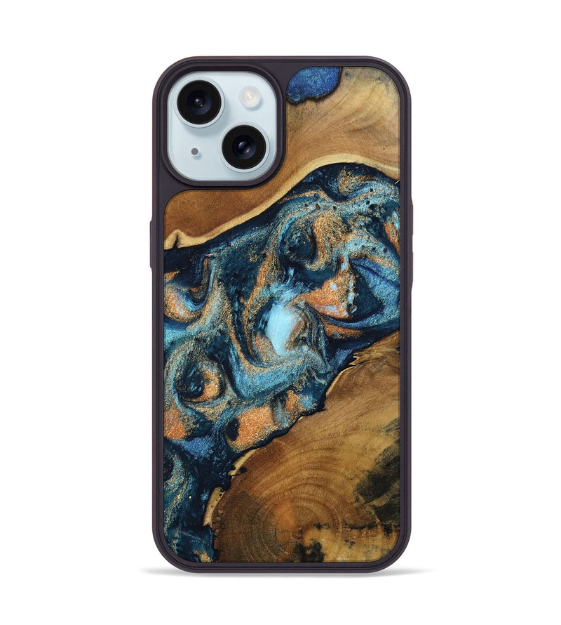 iPhone 15 Wood Phone Case - Teddy (Teal & Gold, 802462)