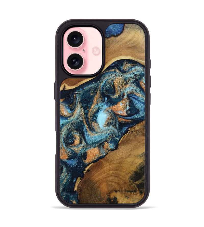 iPhone 16 Wood Phone Case - Teddy (Teal & Gold, 802462)